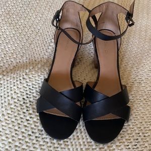 Black leather ankle wrap, heeled sandals